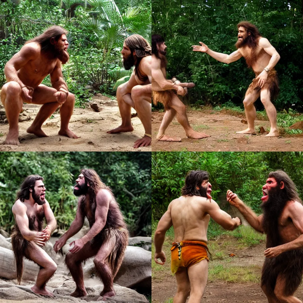 Prompt: two cavemen arguing over the last banana