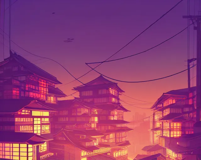 Image similar to tokyo suburb inspired by phillipe stark, art by mike winkelmann, golden hour, illustration, highly detailed, simple, smooth and clean vector curves, no jagged lines, vector art, smooth, artstation