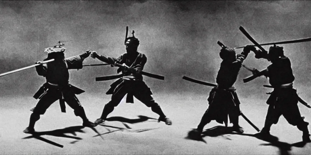 Prompt: two samurai fighting with katana in a japanese village, shot by Akira Kurosawa, film still of Seven Samurai (1954)