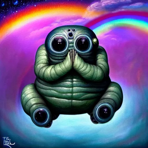 Image similar to a very real looking at tardigrade, it has rainbow hair and a beautiful unconventional face, deep space in the background, elegant, highly detailed, digital painting, artstation, realism, concept art, pop, smooth, mythological, sharp focus, qualia, illustration, art by mark ryden 3 d 8 k ultra detailed