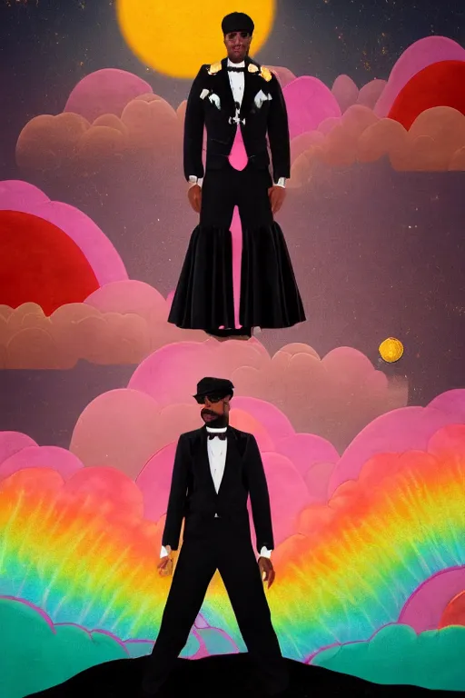 Image similar to Ethereal safari landscape with a pink rainbow sky under a god moonstone, black leather and embroidered Lolita dapper bespoke avant-garde tuxedo in velvet, black and gold rich color, dramatic cinematic lighting, featured on Artstation, extremely detailed by Lisa Frank