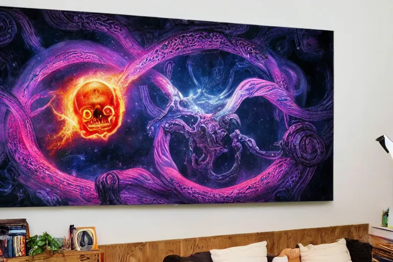 Image similar to a giant skull with deep and intricate rune carvings and glowing eyes with thick lovecraftian tentacles emerging from a space nebula by dan mumford, twirling smoke trail, a twisting vortex of dying galaxies, digital art, photorealistic, vivid colors, highly detailed, intricate