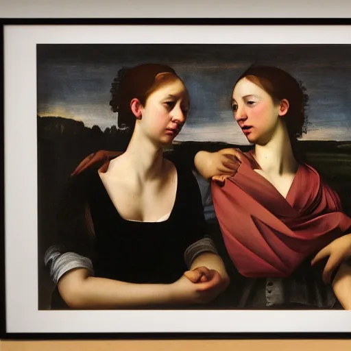 Prompt: a photograph of two girls holding hands while watching the world burn, done in the style of caravaggio, basquiat, akseli gallen kallela, highly detailed, 4 k