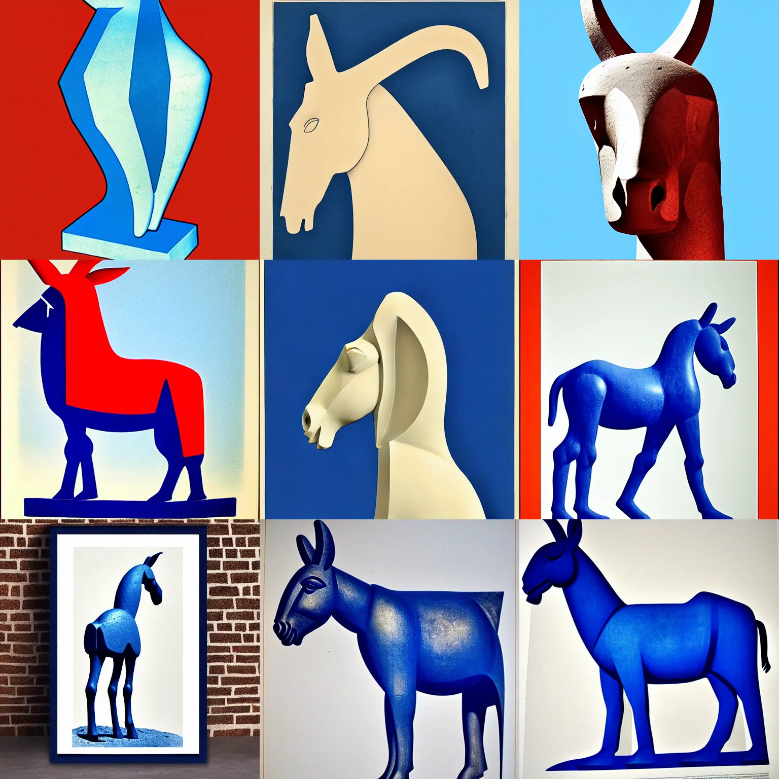 Prompt: lithograph print of cycladic!! sculpture!! of a donkey!!, duotone solid colors, iconic, side view, full body, iconic, ultramarine blue and red iron oxide