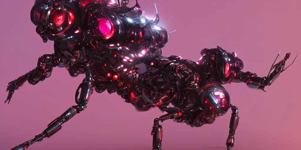 Image similar to a metal insect like of female mecha like beetles is in pink and red collection by merriam, daniel, intricate mechanical details, futuristic, 2 k aesthetic, dramatic lighting, concept art, 4 k, 3 d octane render, provenance, detailed, trending on artstation