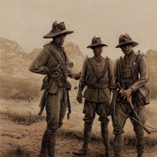 Prompt: ultra detailed photorealistic sepia - toned painting from 1 9 1 7, three british soldiers standing at an archaeological dig site in wadi rum, ultra realistic, painted, intricate details, lovecraft, atmospheric, dark, horror, brooding, highly detailed, by boris vallejo