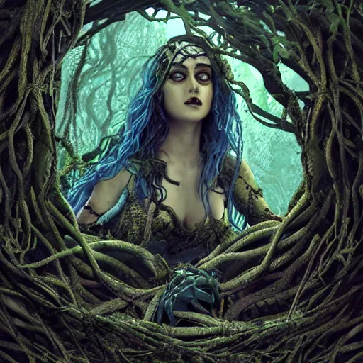 Image similar to dark queen of snakes, crown of snakes, blue skin, realism, dark fantasy, surrounded by thorned vines in a twisted forest, octane render, artstation