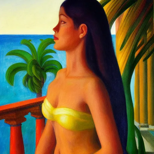 Prompt: a ultradetailed beautiful painting of a girl in the amazonas palace balustrade designed by edward hopper, tarsila do amaral, frank weston and gustave baumann, beach, trending on artstation, mediterranean, palm trees, detailed face, sharp focus, soft light, 8 k 4 k