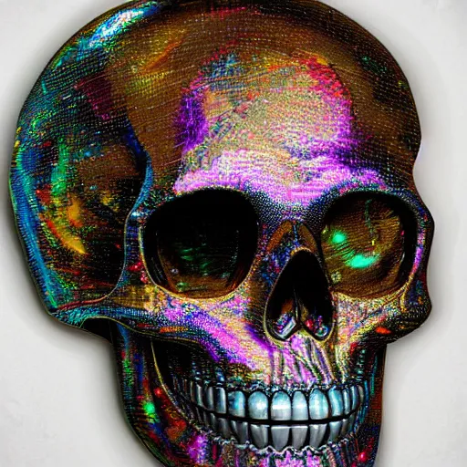 Prompt: portrait_of_glossy metalic skull with glitch effects._intricate_abstract._psychedelic_liquod_embossed_intricate_artwork._by_Tooth_Wu_wlop_beeple_dan_mumford._octane_render_trending_on_artstat