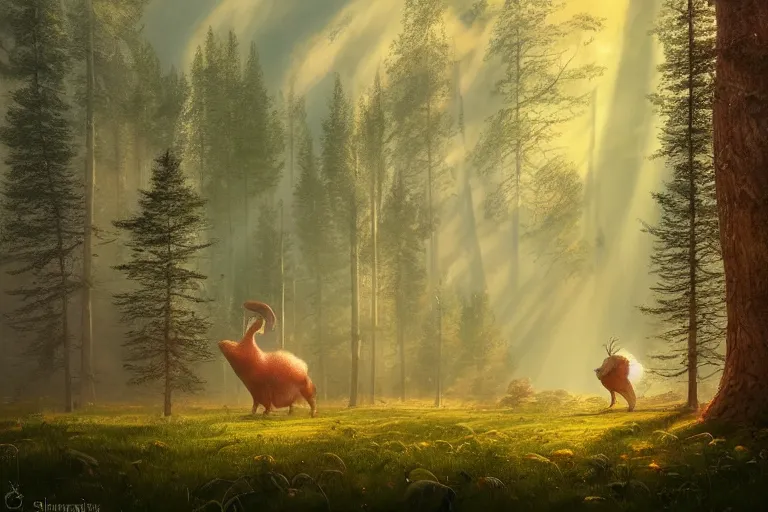 Prompt: gediminas pranckevicius mythical magic creature lurking in a swedish forest, very low angle photograph, very detailed, trending on artstation, realistic, soft colors, rays of golden sunlight, art by simon stalenhag and greg rutkowski