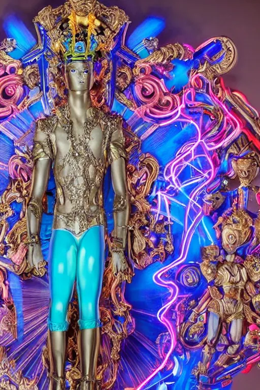 Image similar to full-body sculpture of a young handsome Colombiano prince as a half cibernetic android with a glowing blue battery in his chest, white laser beam coming out of his eyes, crown of giant diamonds, flowing neon-colored silk, fabric, raptors, in a cyperbunk and baroque style. baroque elements. full-length view. baroque element. intricate artwork by caravaggio. many many birds birds on background. Trending on artstation, octane render, cinematic lighting from the right, hyper realism, octane render, 8k, depth of field, 3D