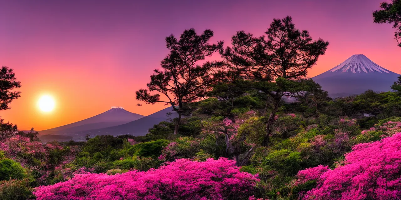 Prompt: a pink sunset with mt fuji, eucalyptus trees, stars in the sky, waterfall, pond, hilly meadows with flowers, cinematic lighting, hd 4 k photo