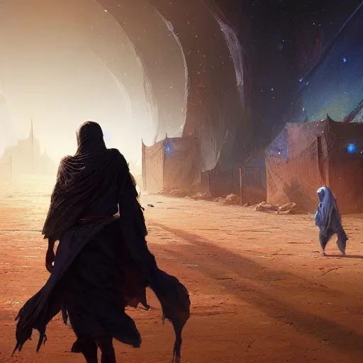 Prompt: Hyperdetailed masterpiece concept art of bedouin walking towards mosque, surrounded by nebula hyperdetailed concept art by Greg Rutkowski and Ross Tran, high quality DnD illustration, trending on ArtStation, all rights reserved Wizards of the Coast