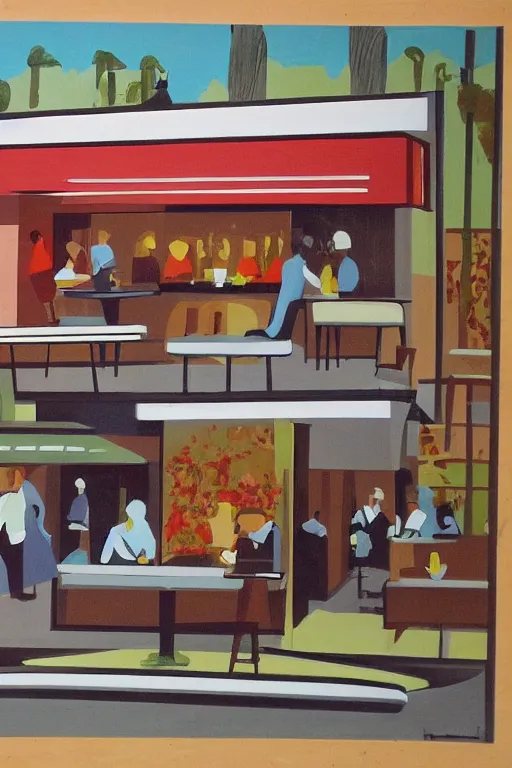 Image similar to mid century modern cafe by julia pinkham artist and bernard simunovic