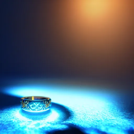 Image similar to a fantasy ring, blue glow, realistic reflections, intricate details, cinematic lighting, depth of field, octane render