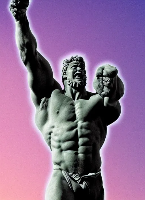 Prompt: statue of hercules looking angry, beeple, vaporwave, retrowave, black background, neon wiring, black, glitch, strong contrast, pinterest, trending on artstation