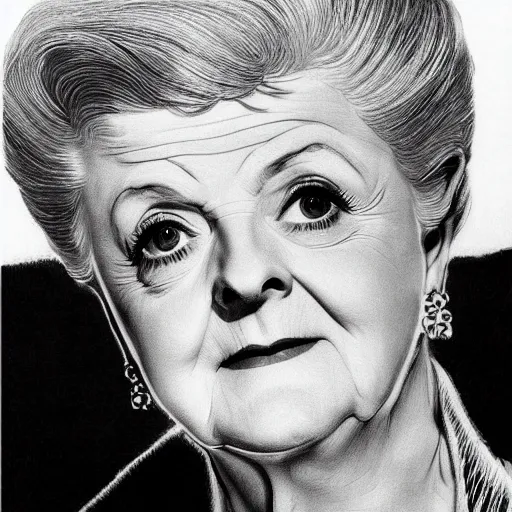 Image similar to black and white portrait of dame angela lansbury, drawn with ball point pen by m. c. escher, very very very detailed