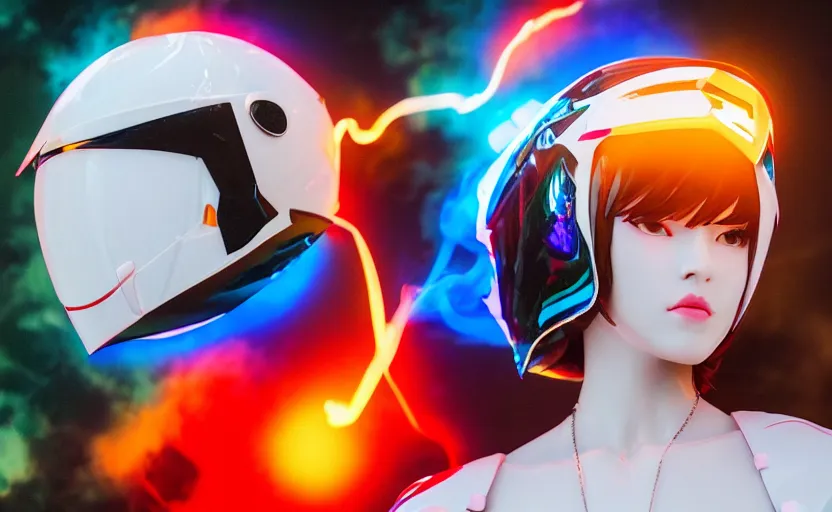 Image similar to beautifully lit medium close up photo of a white marble statue of an anime girl with colorful motocross logos and motorcycle helmet with closed visor, colorful smoke in the background, carved marble statue, fine art, neon genesis evangelion, virgil abloh, offwhite, denoise, highly detailed, 8 k, hyperreal