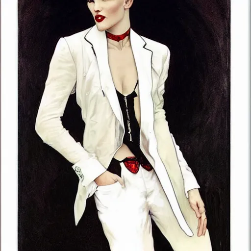 Image similar to tempting portrait of androgynous ruby rose as desire from sandman in a white tuxedo!!!, rockabilly style,, by alphonse mucha, by jeremy mann, by peter lindbergh, dave mckean, by frank moth, white suit and black tie, soft lightning, high detailed, 8 k