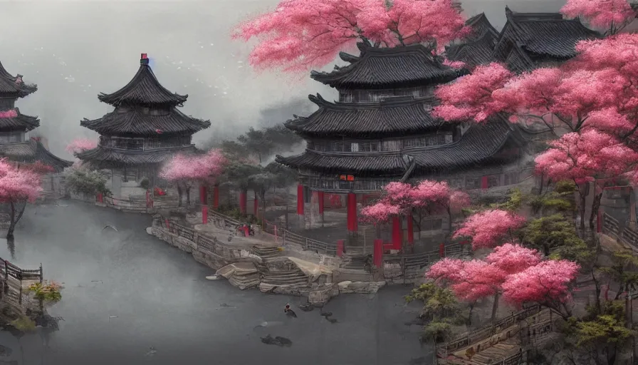 Image similar to magnificent city in ancient china in late spring, flowers will fade, some fog, realistic style, high details, scene concept., trending on artstation