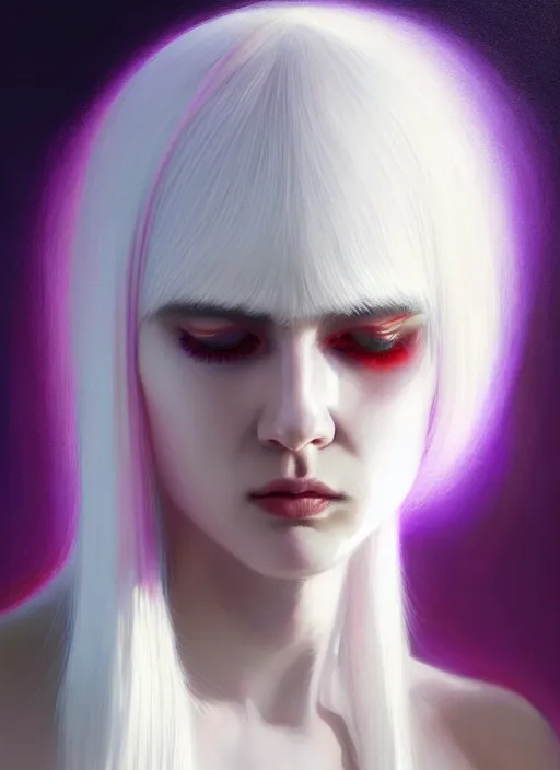 Image similar to hair whitebangs hair, black hair, whitebangs, portrait of trump with white bangs, red irises, purple clothes, white bangs, bangs are different color from hair, intricate, elegant, glowing lights, highly detailed, digital painting, artstation, concept art, smooth, sharp focus, illustration, art by wlop, mars ravelo and greg rutkowski