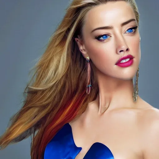 Image similar to uhd, high resolution photography of woman, genetic combination of donald trump and amber heard face, amber heard body, donald trump face, symmetrical upper body, body focus