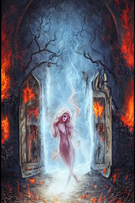 Image similar to Lost souls entering the gates of hell, fire, cheeky devil, eerie, sinister, horror, illustrated byAdrien Borda and Anne Stokes, 4k, 8k