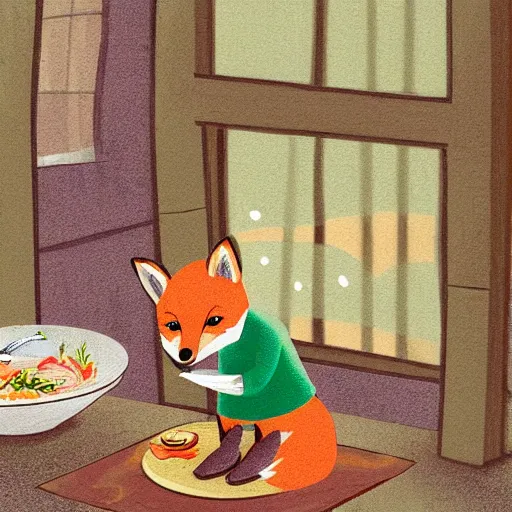 Prompt: storybook illustration of a small fox preparing a meal in his kitchen, soft colours, award-winning artwork
