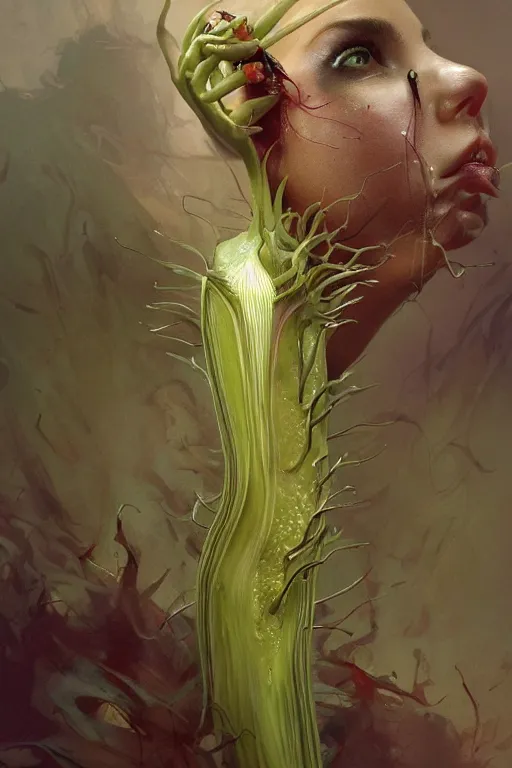 Image similar to Venus flytrap with face of Charlize Theron, intricate, highly detailed, smooth, artstation, digital illustration by Ruan Jia and Mandy Jurgens and Artgerm and Wayne Barlowe and Greg Rutkowski and Zdislav Beksinski