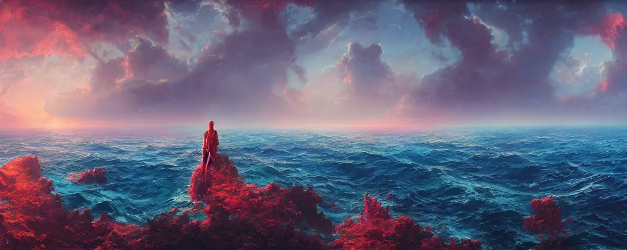 Image similar to ” vast ocean, [ art by paul lehr, cinematic, detailed, epic, widescreen, opening, establishing, mattepainting, photorealistic, realistic textures, octane render ] ”