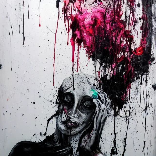 Prompt: dripping black and grey paint, splashed paint, sensual, jellyfish, dead houseplants, a sad portrait in a female art student's apartment, surgical supplies, depression, crying, woman holding a brain from inside a painting, berries, neo - expressionism, surrealism, acrylic and spray paint and oilstick on canvas