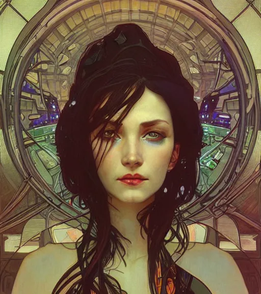 Prompt: portrait of cyberpunk woman looking out of a window, cyberpunk setting, futuristic, highly detailed, intricate lighting, digital painting, sharp focus, illustration, trending on artstation, art by alphonse mucha.