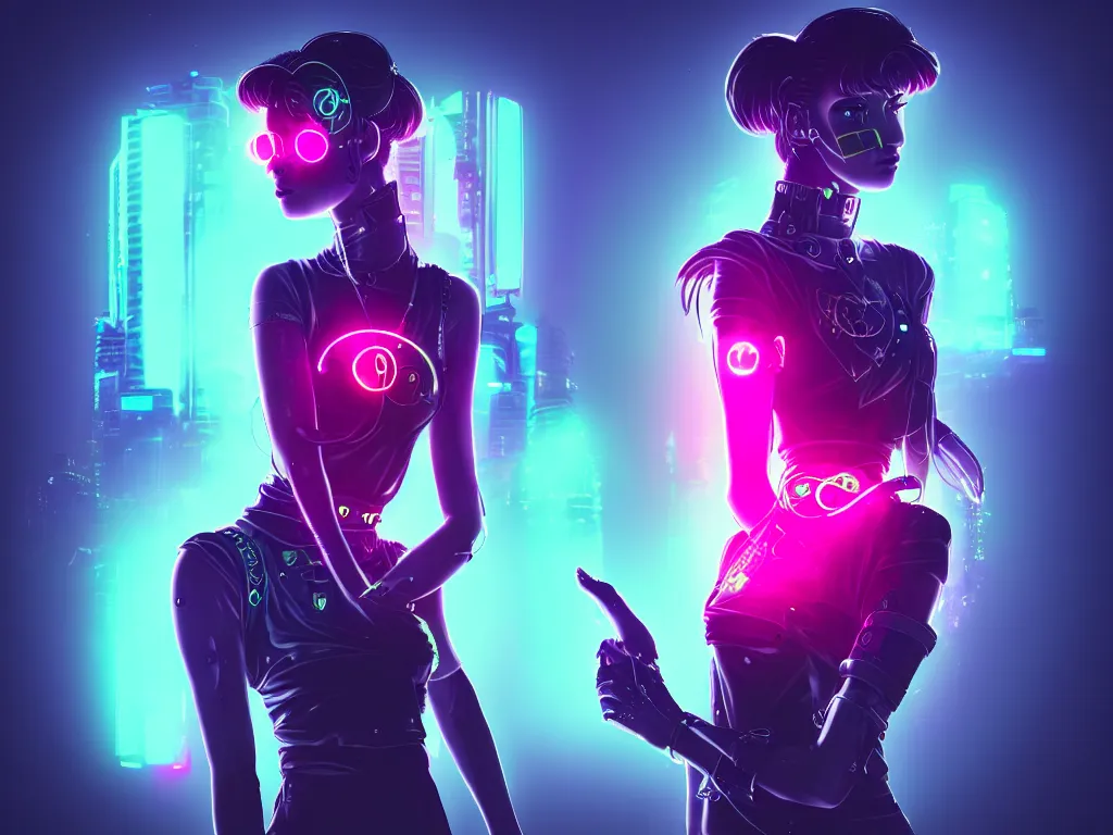 Image similar to a portrait of the neon cyberpunk sailor moon with arm tattoos, single person, dystopian scifi gear, gloomy, profile picture,