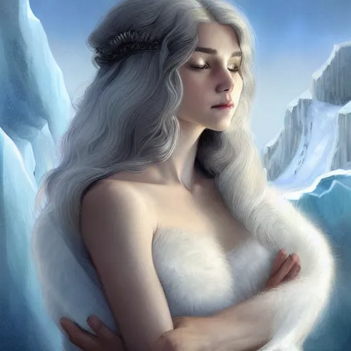 Image similar to portrait of mighty baby harp seal, greek god, white hair, soft hair, d & d, muscular, ice and glaciers, arctic, fantasy, intricate, elegant, highly detailed, digital painting, artstation, concept art, smooth, sharp focus, illustration, art by artgerm and greg rutkowski and alphonse mucha