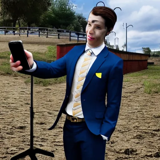 Image similar to a photorealistc horse character is wearing a suit, he is demonstrating the smartphone