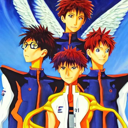 Prompt: an oil painting of the angels of the anime series neon genesis evangelion