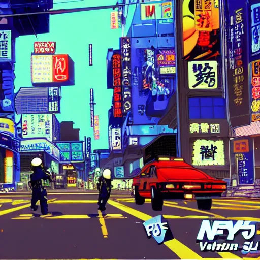 Image similar to 1993 Video Game Screenshot, Anime Neo-tokyo bank robbers vs police shootout, bags of money, Police Shot, Violent, Action, MP5S, FLCL, Highly Detailed, 8k :4 by Katsuhiro Otomo + Studio Gainax + Capcom : 8
