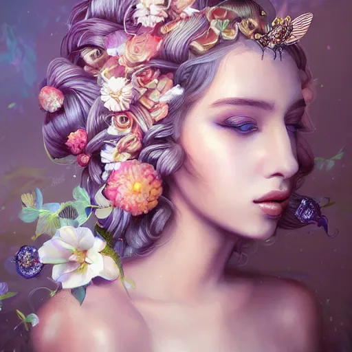 Prompt: beautiful, young woman, detailed gorgeous face, sad eyes, in her hair, vaporwave aesthetic, synthwave long luxurious gown made out of pearls, hair was done up with flowers and ribbons, digital art, flowers, butterflies, birds, painting, artstation, concept art, smooth, sharp focus, illustration, art by artgerm and greg rutkowski and alphonse mucha