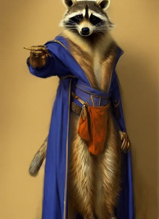 Prompt: formal portrait of raccoon wearing royal blue cleric robes, digital art by eugene de blaas, ross tran, and nasreddine dinet, vibrant color scheme, intricately detailed, in the style of romanticism, cinematic, artstation, greg rutkowski