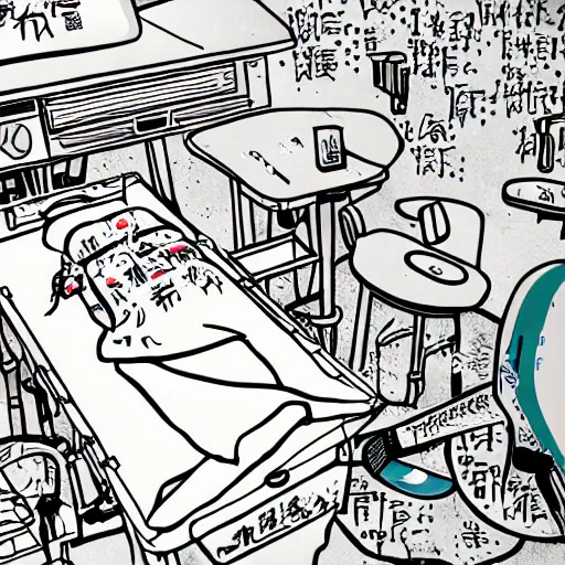 Image similar to chinese surgery operating table, in the style of daniel johnston and outsider art, 8k, line brush, overlaid with chinese adverts