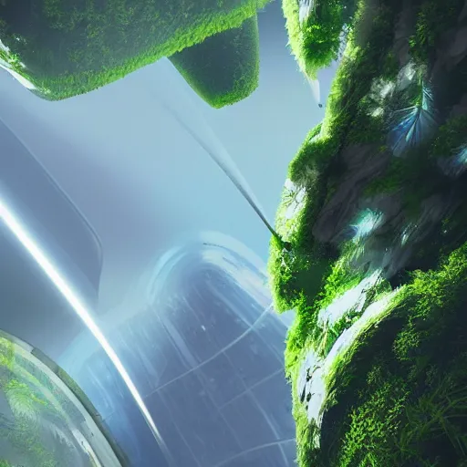 Prompt: futuristic spaceship flying through the atmosphere of a planet, lush green rainforest below, artstation, realistic, 8k, highly detailed