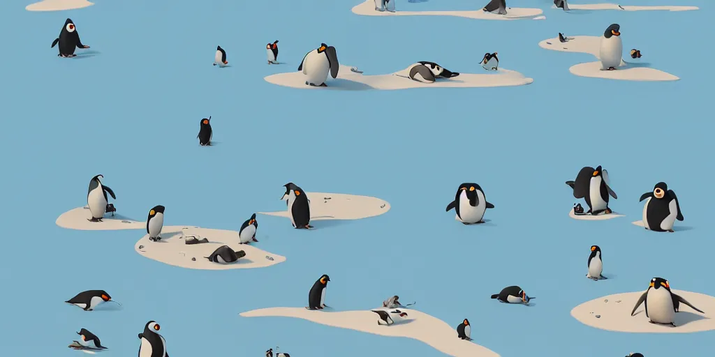 Prompt: cute cartoon penguins at the beach by Goro Fujita and Simon Stalenhag and Pixar, 8k, trending on artstation, hyper detailed, cinematic