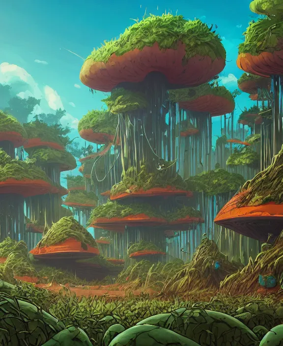 Image similar to a simple bunker made out of exotic fungus, overgrown with weird fungus and slime, spaceport, noon, sun drenched, partly cloudy, by dan mumford, yusuke murata, makoto shinkai, ross tran, cinematic, unreal engine, cel shaded, featured on artstation, pixiv