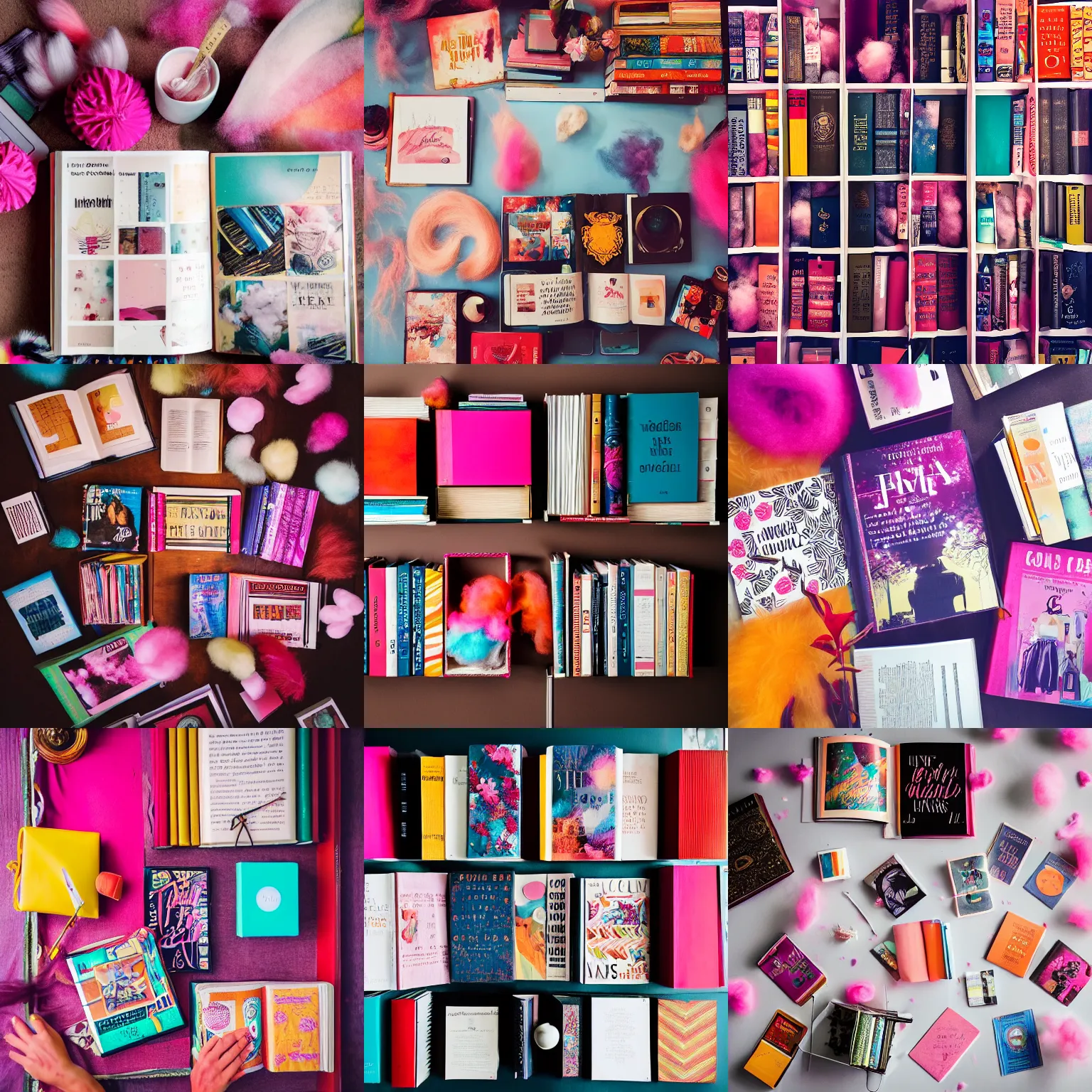 Prompt: flatlay book collection, vivid colors, dramatic lighting, cotton candy