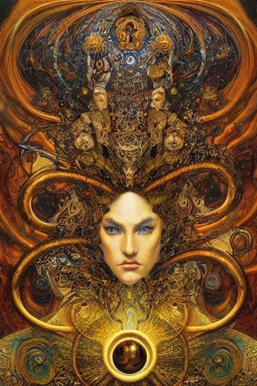 Prompt: Divine Chaos Engine by Karol Bak, Jean Deville, Gustav Klimt, and Vincent Van Gogh, sacred geometry, visionary, mystic, fractal structures, ornate gilded medieval icon, spirals