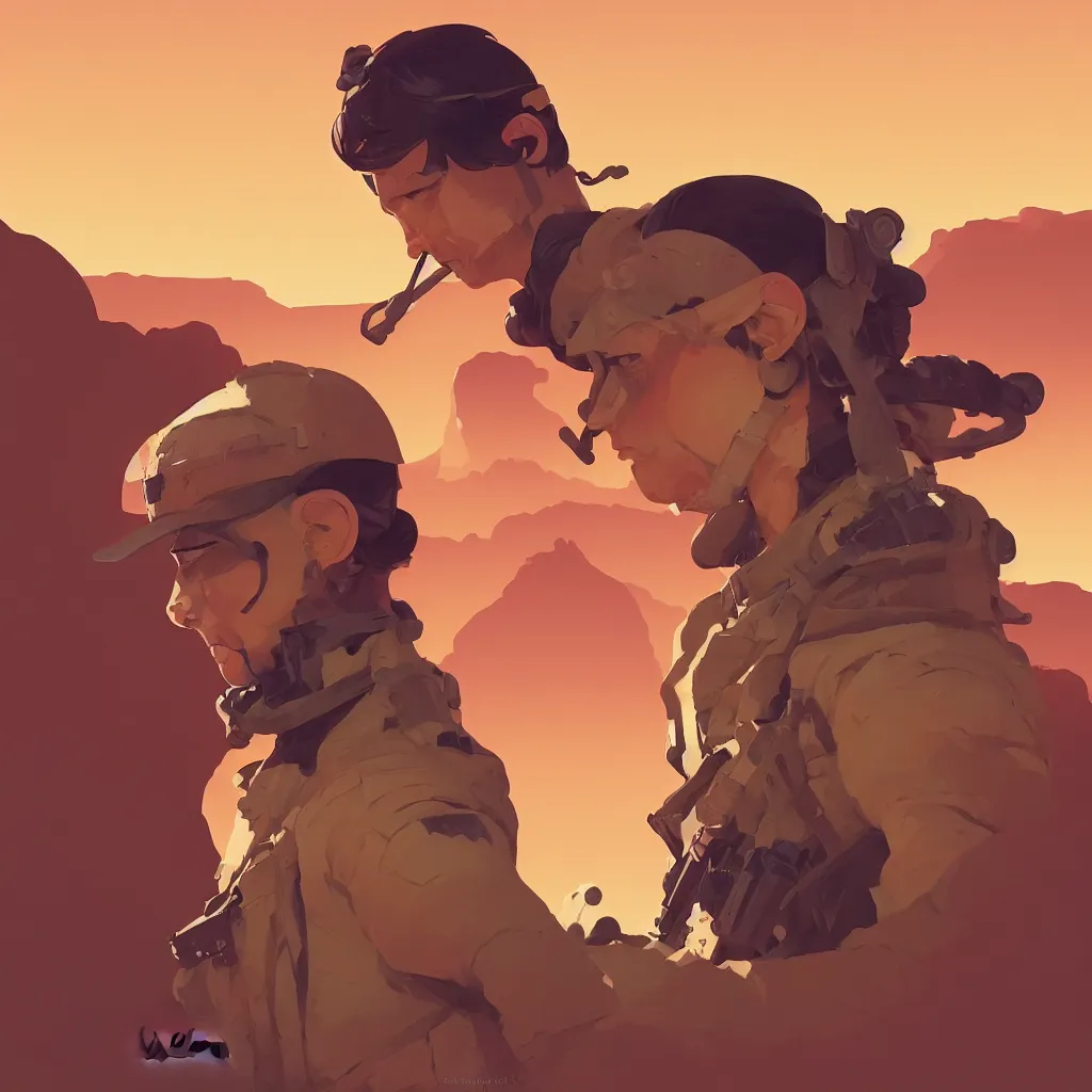 Image similar to desert soldier, smooth face, centered, solid bacgkround, median photoshop filter cutout vector behance, hd by artgerm, jesper ejsing, by rhads, makoto shinkai and lois van baarle, ilya kuvshinov, rossdraws, illustration, art by ilya kuvshinov and gustav klimt