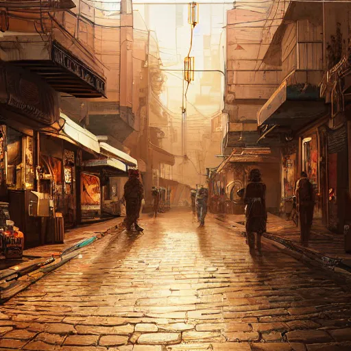 Prompt: detailed painting of a cyberpunk street covered in brown paper bags, majestic solemn ornaments and solemn architecture, artstation, dantom, cinematic, in morocco