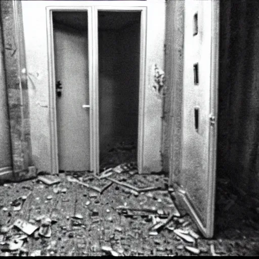 Image similar to 1 9 9 0 s security cam found footage of an abandoned soviet town with a humanoid monster, liminal space, backrooms, scp, film grain, rundown, eerie, dark lighting, 3 5 mm, realistic, photograph