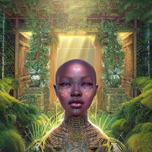 Prompt: symmetry!!, corpse of an african moon goddes deep inside a temple overgrown with vegetation, by casey weldon and chie yoshii and amanda sage, global illumination, radiant light, god rays, bokeh, digital illustration, cg society, unreal engine 5, ray tracing