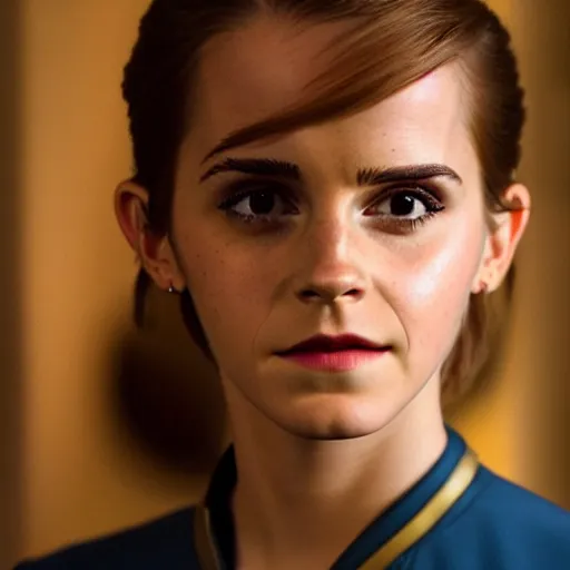 Image similar to Emma Watson in Star Trek, XF IQ4, f/1.4, ISO 200, 1/160s, 8K, Sense of Depth, RAW, Dolby Vision, symmetrical balance, in-frame